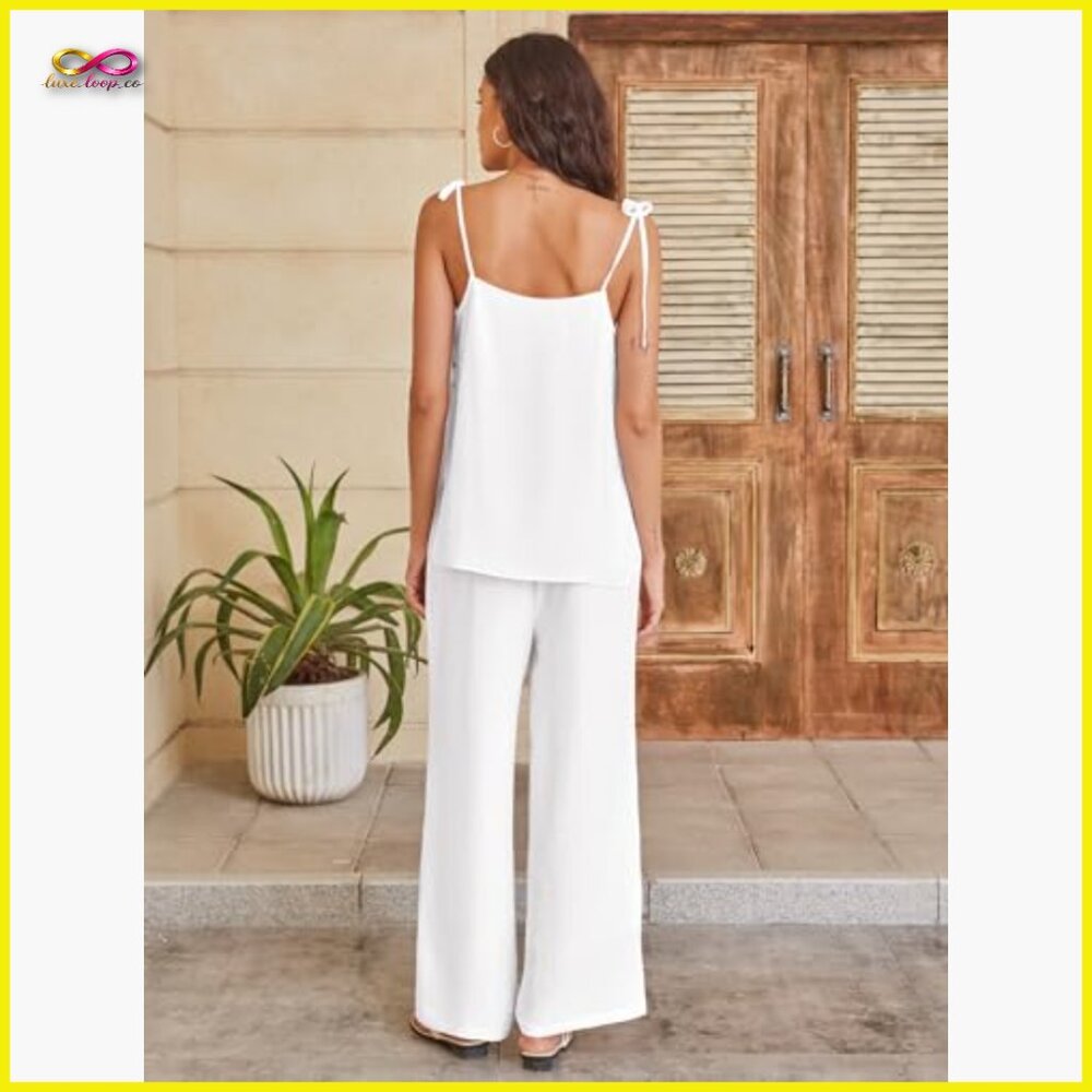 Lounge Set 2 Piece Summer Outfits Spaghetti Strap Tank Top Wide Leg Pants Travel - Picture 4 of 7